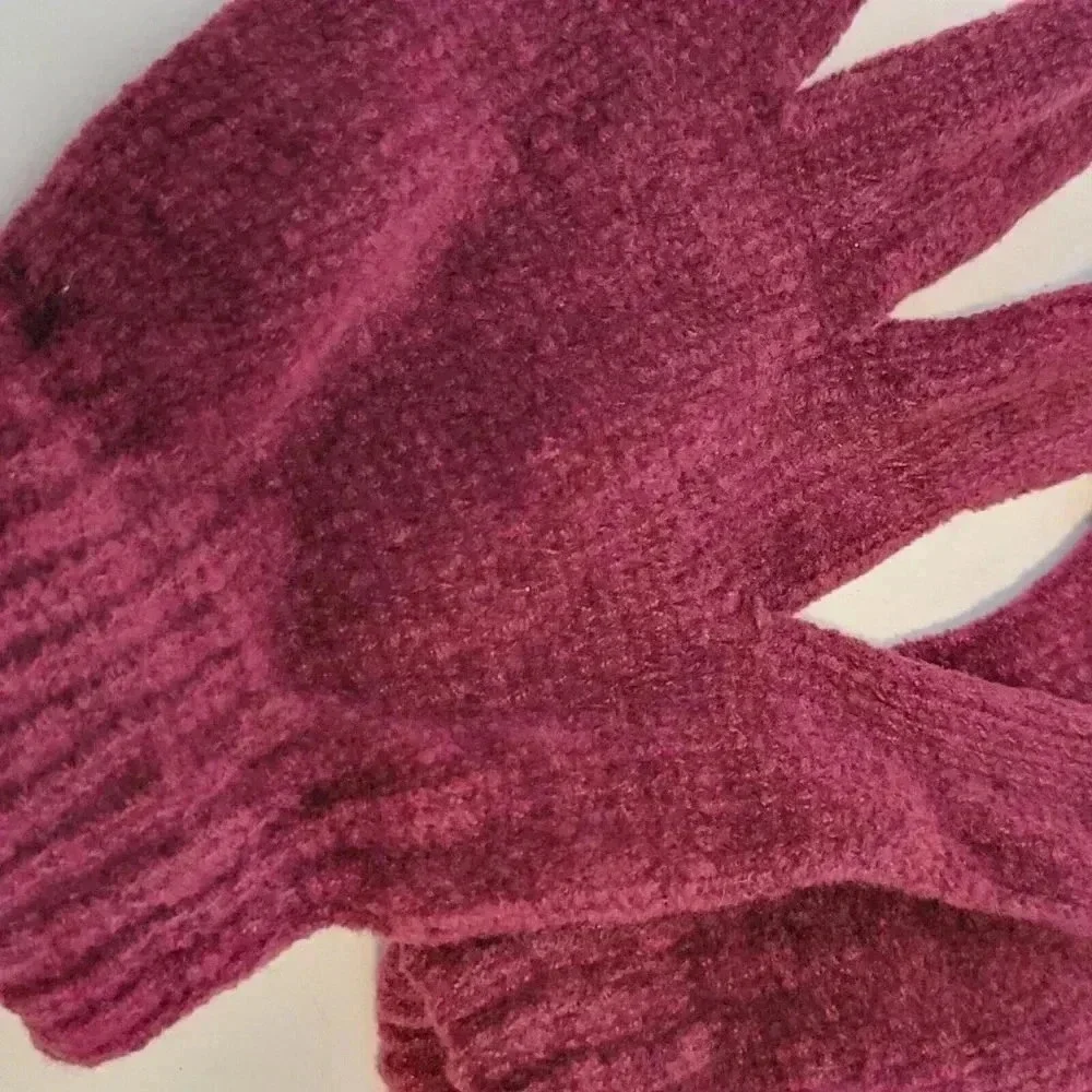 Winter Gloves OSFA Women Girls Knit Knitted Casual Stretch Velour Purple Magenta